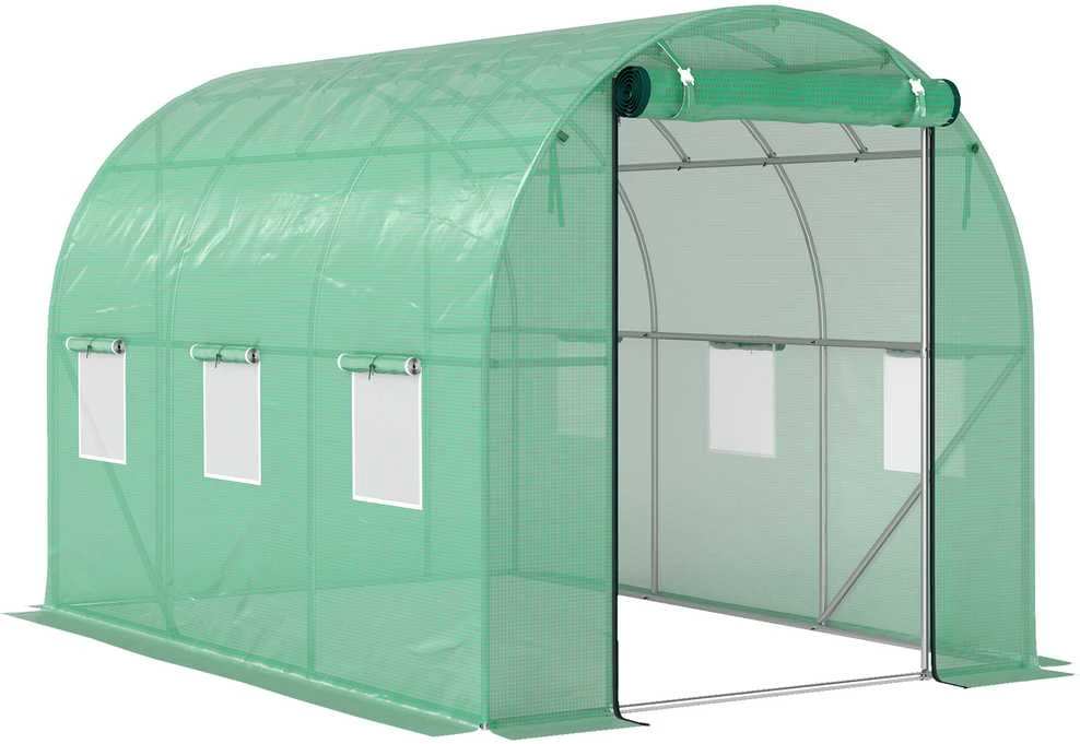 Outsunny šiltnamis, apie 3 x 2 x 2 m, plėvelinis šiltnamis su 6 langais, roletinėmis durimis, suvyniojamais šonais, UV spinduliams atsparus plėvelės tunelis, žiemojantis pomidorų namelis su žemės inkarais, žalias