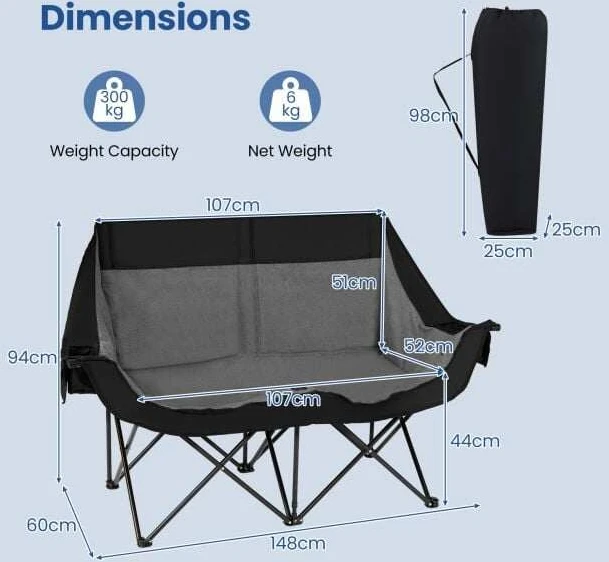 Turistinė kėdė, šildoma dvivietė, juoda / tamsiai mėlyna, 147,3 × 59,7 × 94 cm