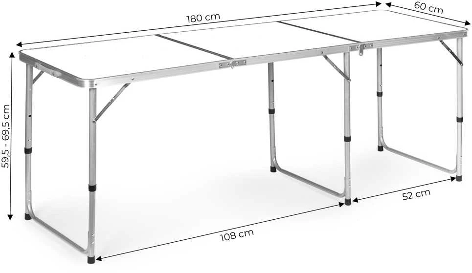 MultiGarden Turistinis stalas, sulankstomas kempingo stalas, baltas stalviršis, 180 x 60 cm