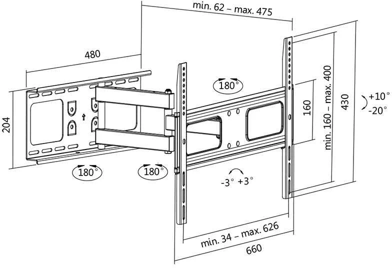 Logilink BP0028 TV Sieninis laikiklis, 37"-70", pakreipimas +10°-20°,pasukamas +-90°, 475mm | Prisijungti | Sieninis laikiklis | 37-70 " | Maksimalus svoris (keliamoji galia) 50 kg | Juodas