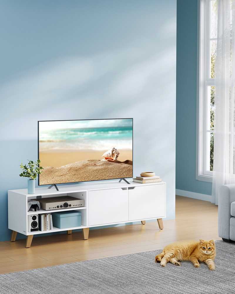 TV staliukas Vasagle 160 cm ilgio televizoriaus spintelė su 2 durelėmis sniego baltumo