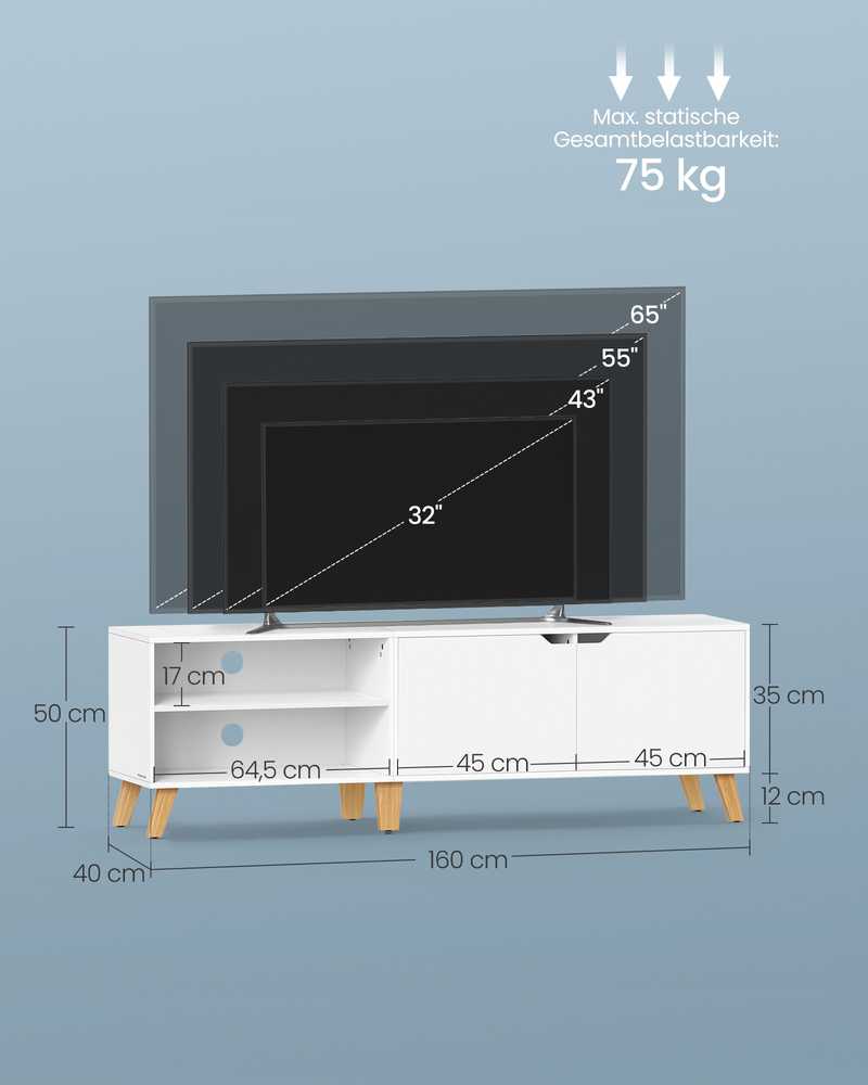TV staliukas Vasagle 160 cm ilgio televizoriaus spintelė su 2 durelėmis sniego baltumo