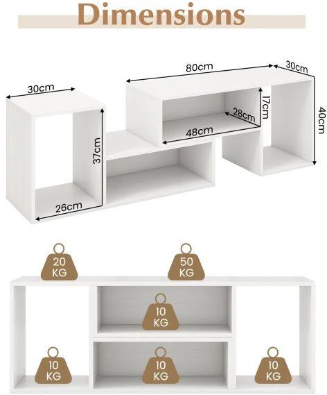 TV staliukas, 2 dalių su L formos lentynomis, juodos ir baltos spalvų, 80 × 30 × 40 cm