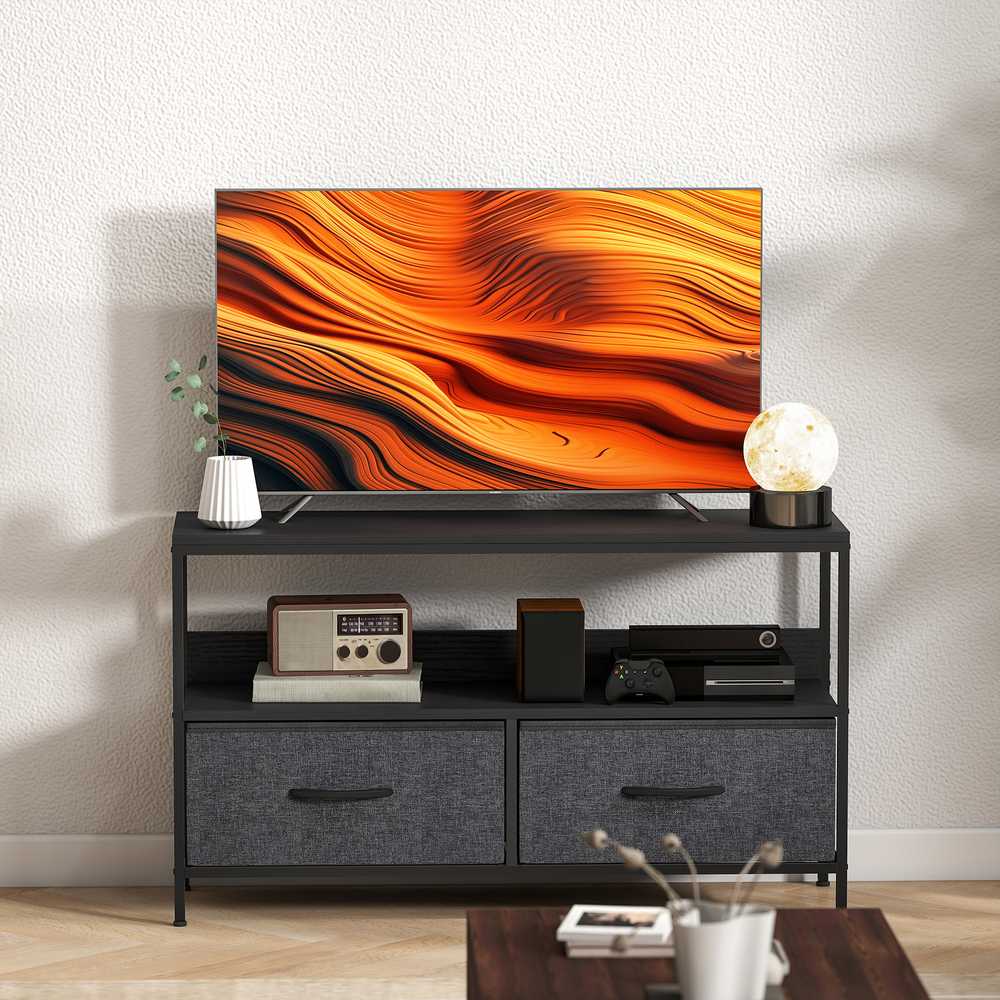 TV staliukas su 2 stalčiais, atvira niša, skirta televizoriams iki 47 colių, 98 x 29 x 56 cm, Juoda+Tamsiai pilka