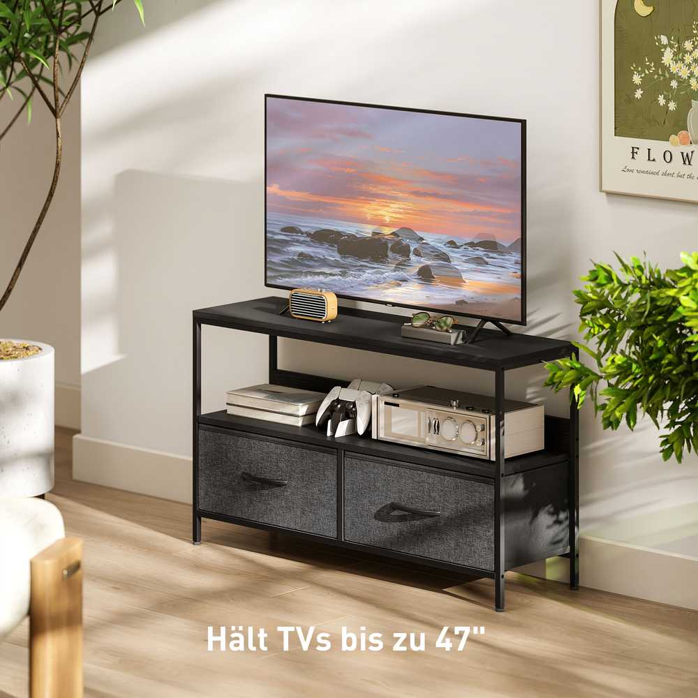 TV staliukas su 2 stalčiais, atvira niša, skirta televizoriams iki 47 colių, 98 x 29 x 56 cm, Juoda+Tamsiai pilka