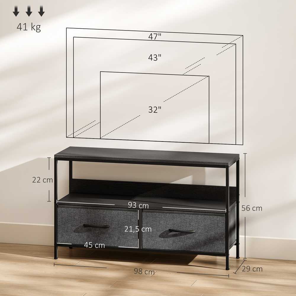 TV staliukas su 2 stalčiais, atvira niša, skirta televizoriams iki 47 colių, 98 x 29 x 56 cm, Juoda+Tamsiai pilka