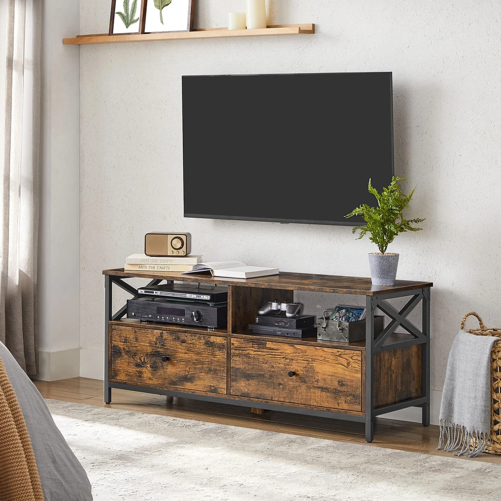 TV staliukas Leobert Atvira lentyna televizoriui su stalčiais, rudos ir juodos spalvos, 120 × 40 × 50 cm
