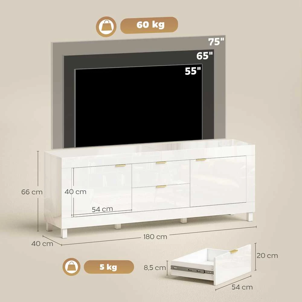 TV staliukas HOMCOM TV-Schrank für Fernseher bis zu 75 col., modernes Entertainment-Center mit 2 Schränken und 2 Schubladen, Hochglanz Weiß