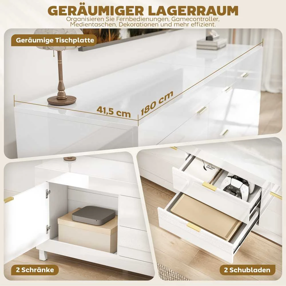 TV staliukas HOMCOM TV-Schrank für Fernseher bis zu 75 col., modernes Entertainment-Center mit 2 Schränken und 2 Schubladen, Hochglanz Weiß