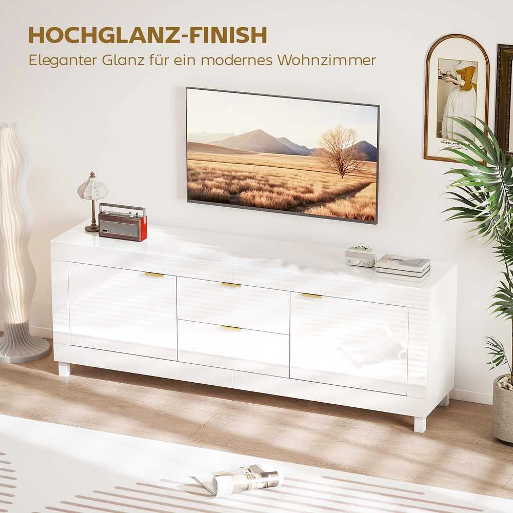 TV staliukas HOMCOM TV-Schrank für Fernseher bis zu 75 col., modernes Entertainment-Center mit 2 Schränken und 2 Schubladen, Hochglanz Weiß