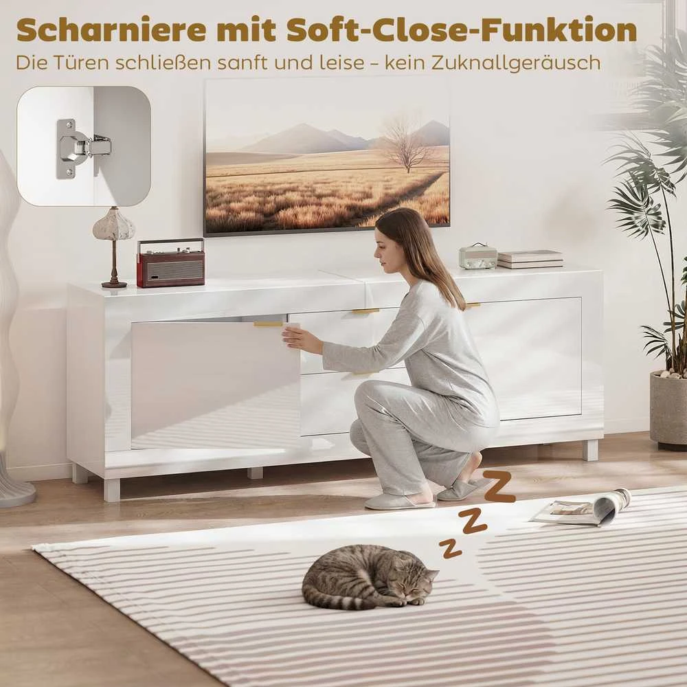 TV staliukas HOMCOM TV-Schrank für Fernseher bis zu 75 col., modernes Entertainment-Center mit 2 Schränken und 2 Schubladen, Hochglanz Weiß