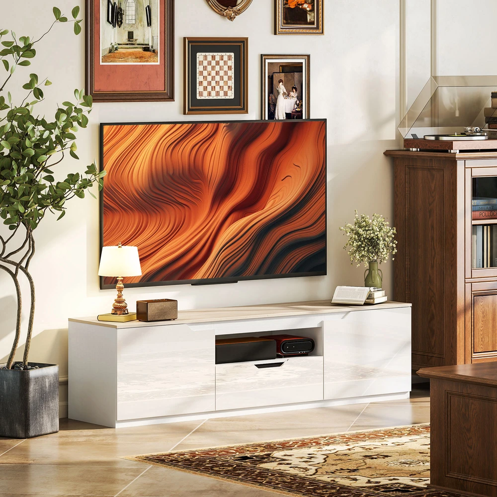 TV staliukas iki 65 col. televizoriams su kabelių angomis, natūralaus medžio spalvos, 160 × 38 × 43 cm