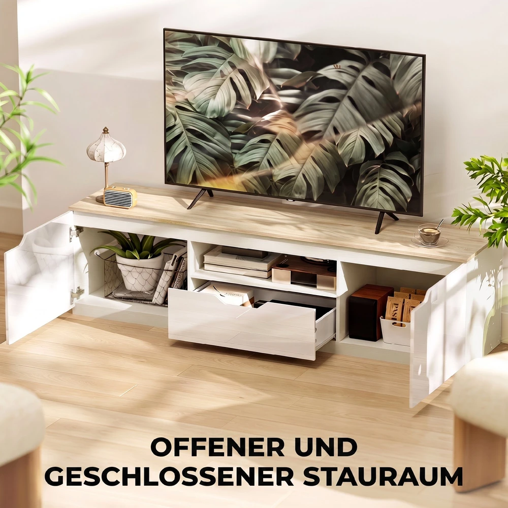 TV staliukas iki 65 col. televizoriams su kabelių angomis, natūralaus medžio spalvos, 160 × 38 × 43 cm