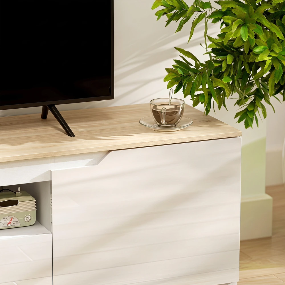 TV staliukas iki 65 col. televizoriams su kabelių angomis, natūralaus medžio spalvos, 160 × 38 × 43 cm