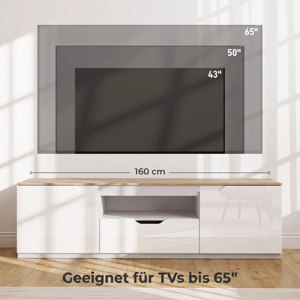 TV staliukas iki 65 col. televizoriams su kabelių angomis, natūralaus medžio spalvos, 160 × 38 × 43 cm