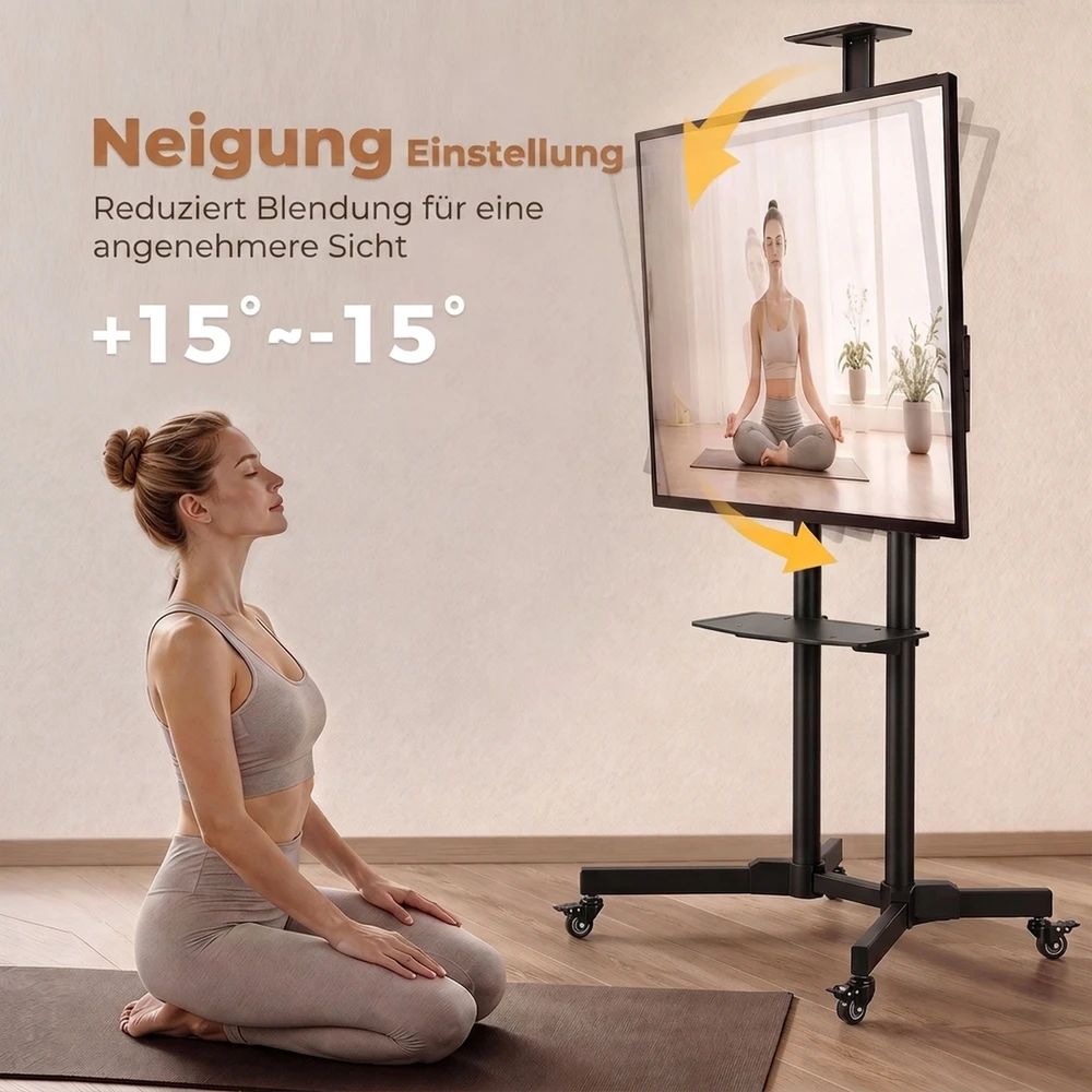 TV staliukas Mobilus televizoriaus stovas su ratukais ir reguliuojamo aukščio, juodas, 76 × 56 × 120–187,5 cm