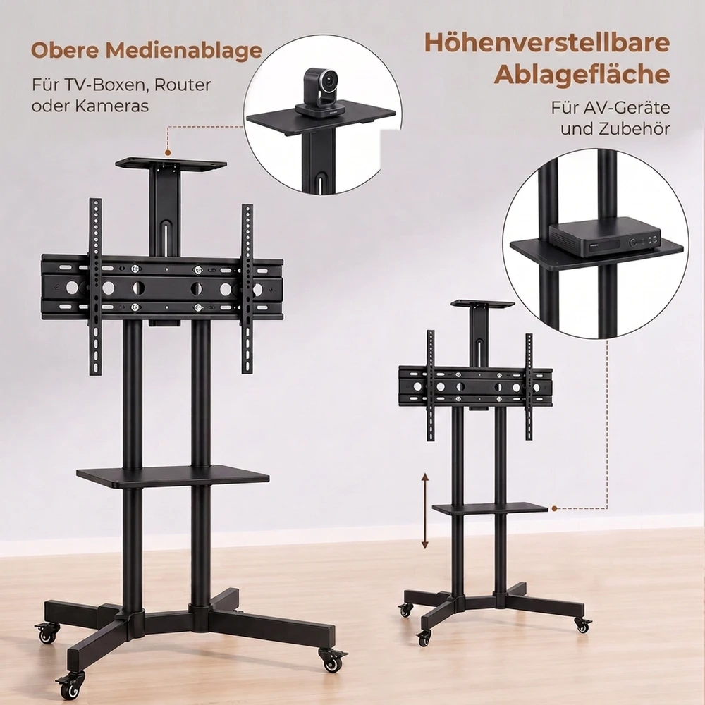 TV staliukas Mobilus televizoriaus stovas su ratukais ir reguliuojamo aukščio, juodas, 76 × 56 × 120–187,5 cm