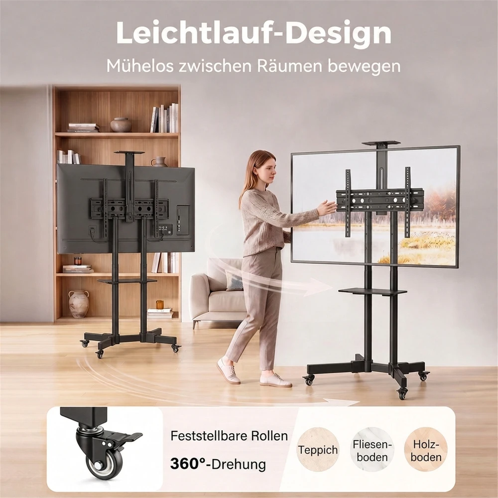 TV staliukas Mobilus televizoriaus stovas su ratukais ir reguliuojamo aukščio, juodas, 76 × 56 × 120–187,5 cm