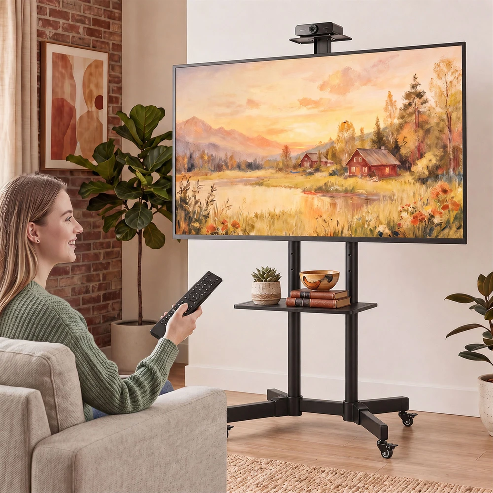 TV staliukas Mobilus televizoriaus stovas su ratukais ir reguliuojamo aukščio, juodas, 76 × 56 × 120–187,5 cm
