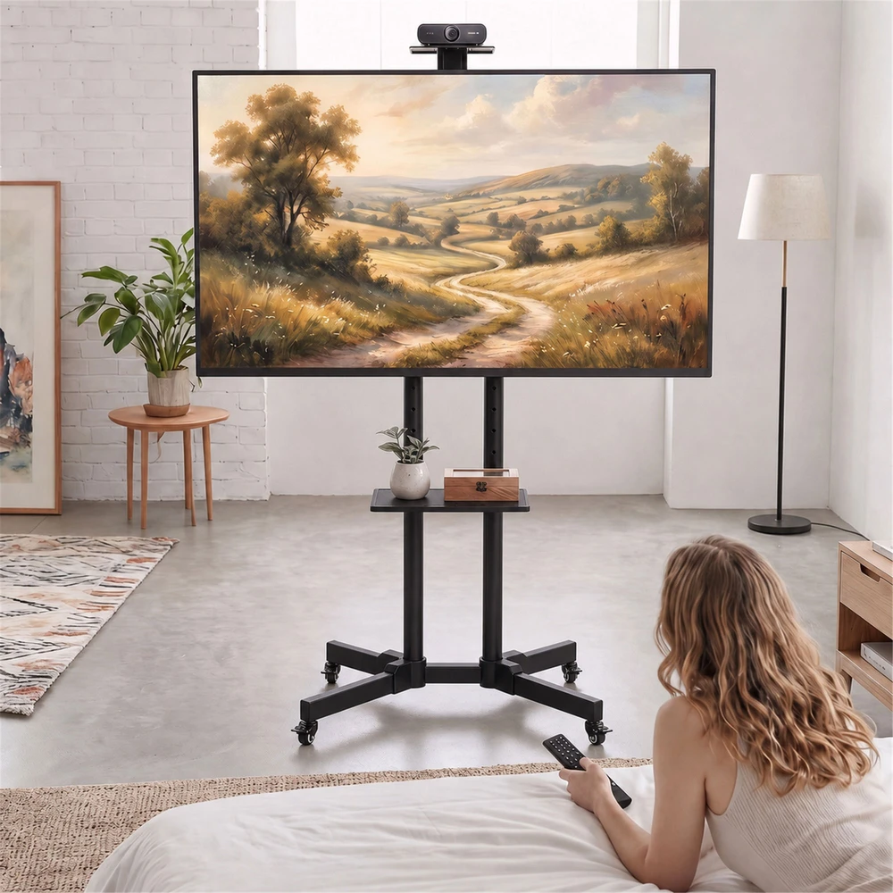 TV staliukas Mobilus televizoriaus stovas su ratukais ir reguliuojamo aukščio, juodas, 76 × 56 × 120–187,5 cm