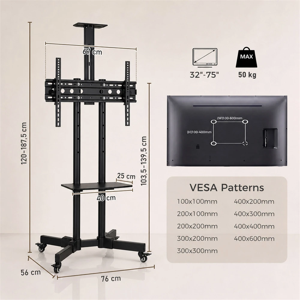TV staliukas Mobilus televizoriaus stovas su ratukais ir reguliuojamo aukščio, juodas, 76 × 56 × 120–187,5 cm