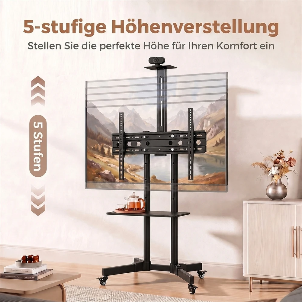 TV staliukas Mobilus televizoriaus stovas su ratukais ir reguliuojamo aukščio, juodas, 76 × 56 × 120–187,5 cm