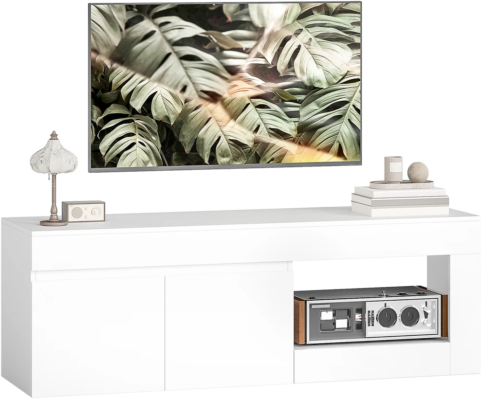 TV staliukas su 2 durelėmis ir atvira lentyna, baltas, 140 × 40 × 48 cm