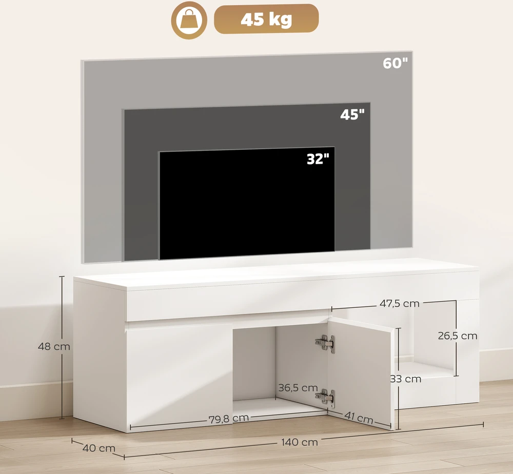 TV staliukas su 2 durelėmis ir atvira lentyna, baltas, 140 × 40 × 48 cm