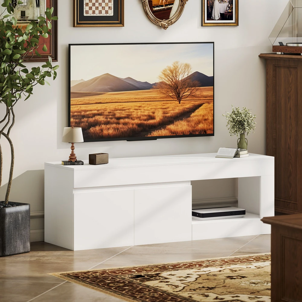 TV staliukas su 2 durelėmis ir atvira lentyna, baltas, 140 × 40 × 48 cm