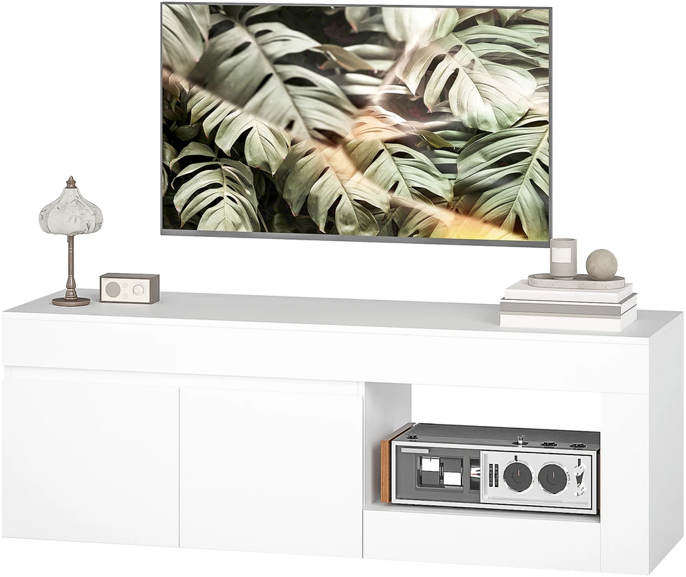 TV staliukas su 2 durelėmis ir atvira lentyna, baltas, 140 × 40 × 48 cm