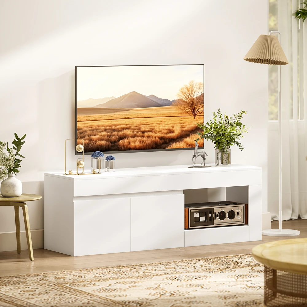 TV staliukas su 2 durelėmis ir atvira lentyna, baltas, 140 × 40 × 48 cm
