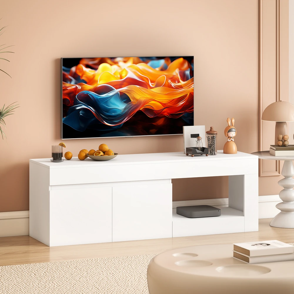 TV staliukas su 2 durelėmis ir atvira lentyna, baltas, 140 × 40 × 48 cm