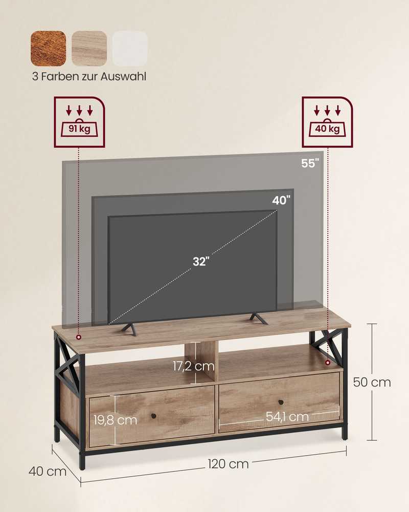 TV staliukas Songmics Vasagle 120 cm ilgio televizoriaus spintelė su 2 stalčiais ir 2 atvirais skyriais