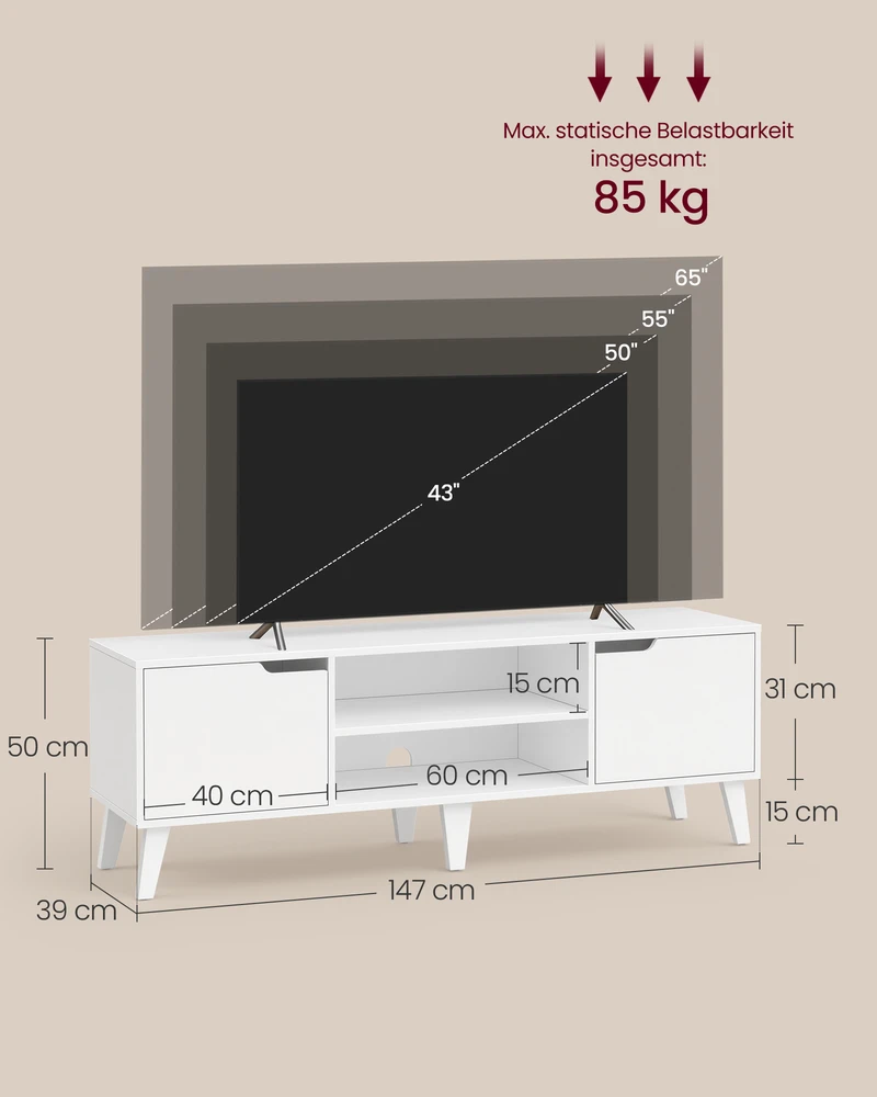 Songmics TV staliukas su reguliuojama lentyna, baltas, 147 x 39 x 50,1 cm