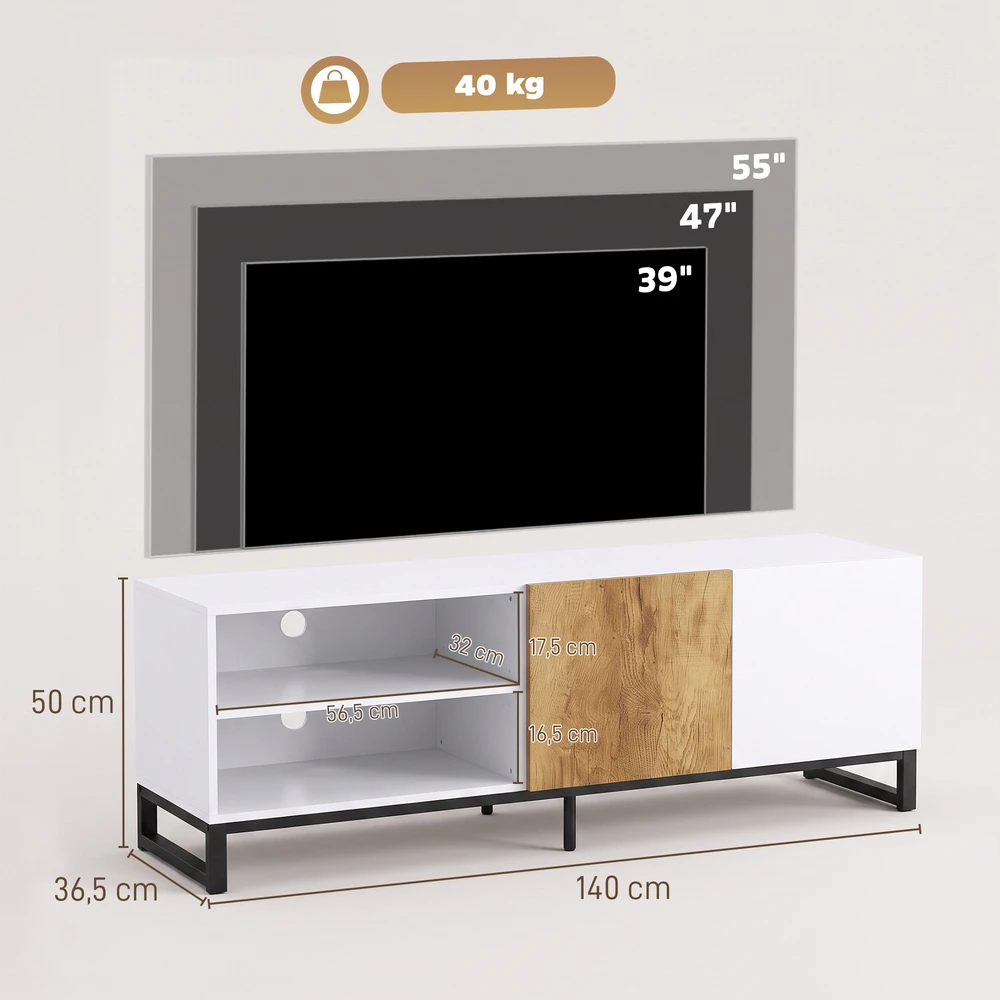 TV staliukas su reguliuojamomis lentynomis ir kabelių angomis, baltas ir ąžuolo spalvos, 140 × 36,5 × 50 cm