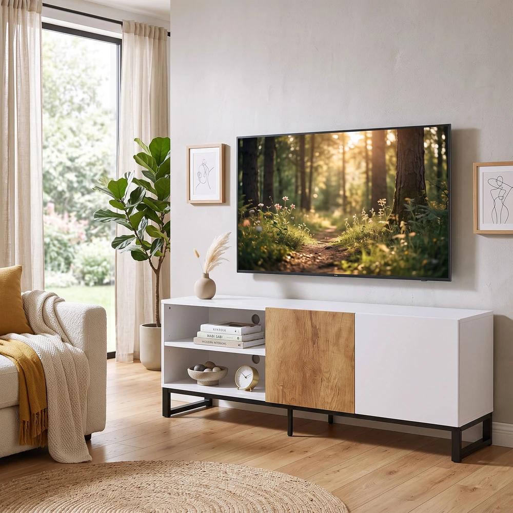 TV staliukas su reguliuojamomis lentynomis ir kabelių angomis, baltas ir ąžuolo spalvos, 140 × 36,5 × 50 cm