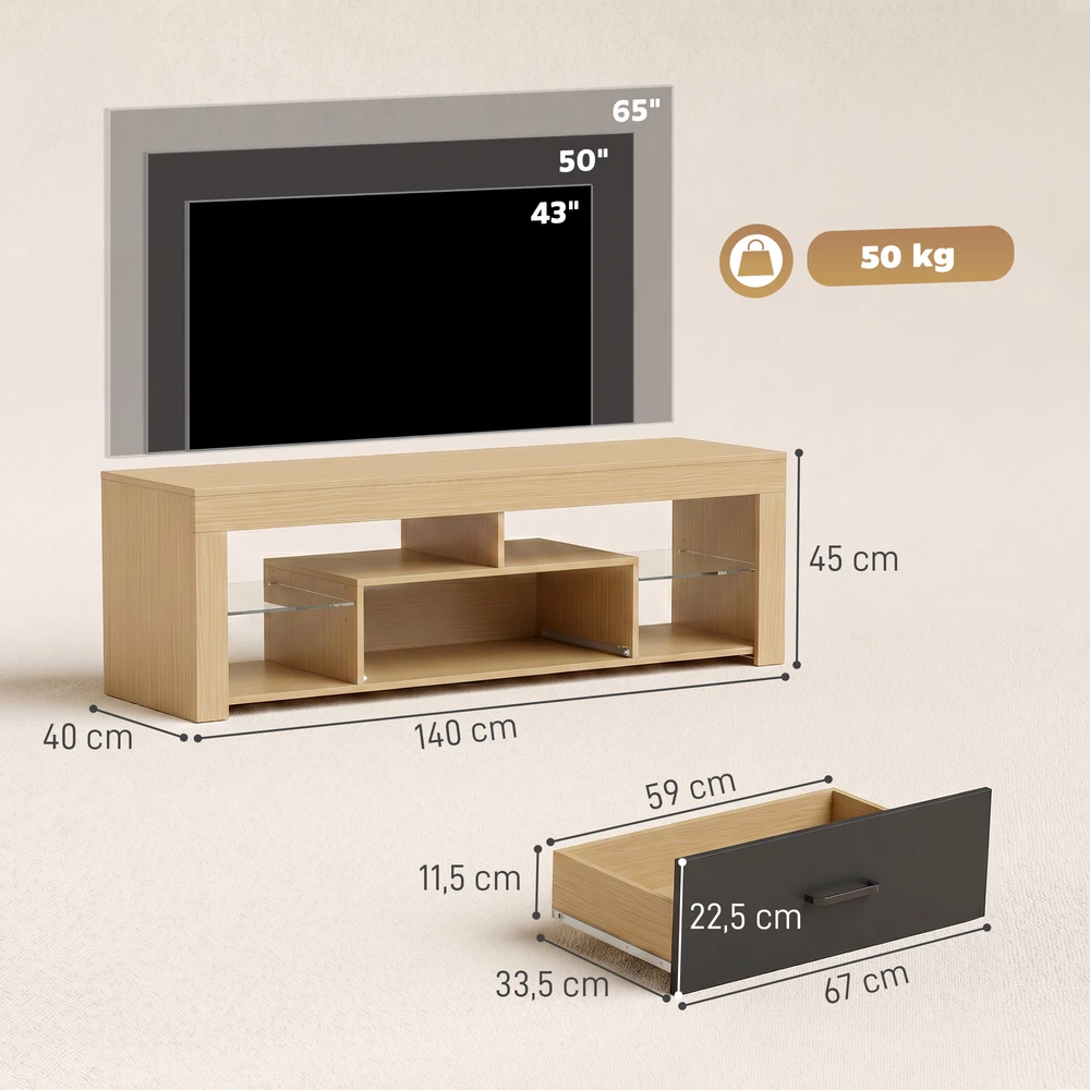 TV staliukas su reguliuojamomis stiklo lentynomis ir stalčiumi, ąžuolo spalvos ir juodas, 140 × 40 × 45 cm