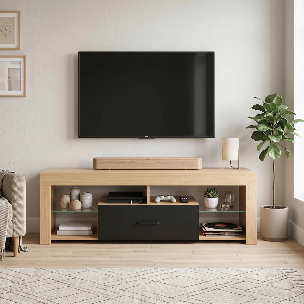 TV staliukas su reguliuojamomis stiklo lentynomis ir stalčiumi, ąžuolo spalvos ir juodas, 140 × 40 × 45 cm