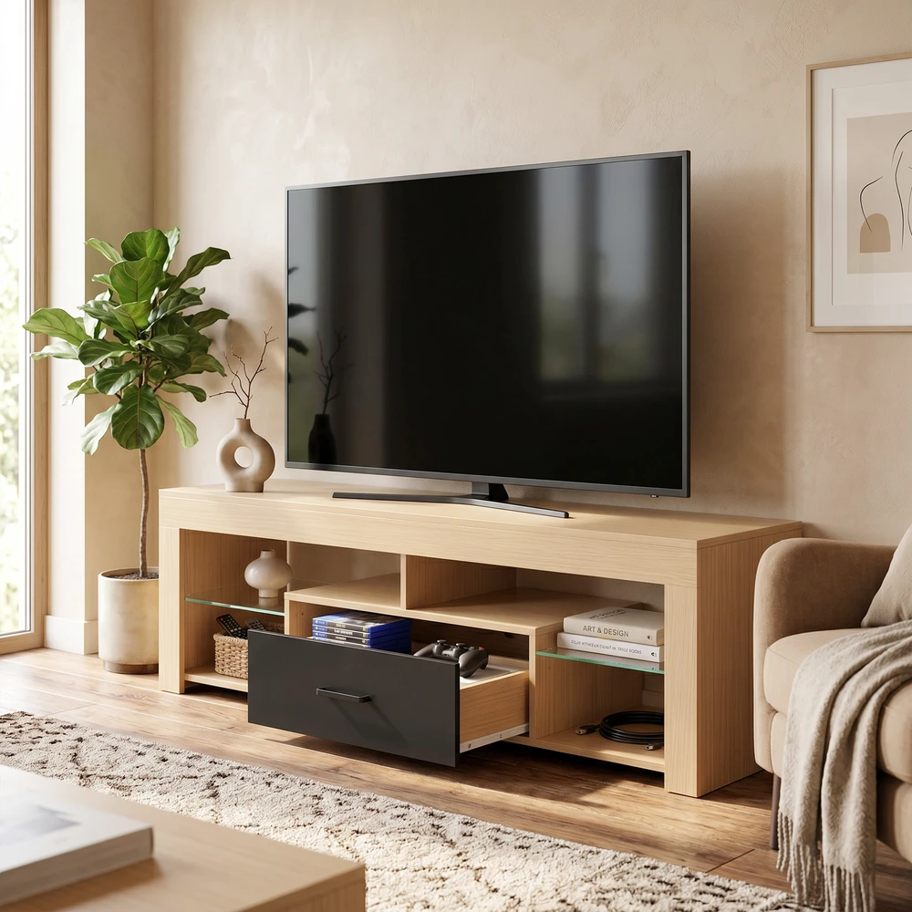 TV staliukas su reguliuojamomis stiklo lentynomis ir stalčiumi, ąžuolo spalvos ir juodas, 140 × 40 × 45 cm
