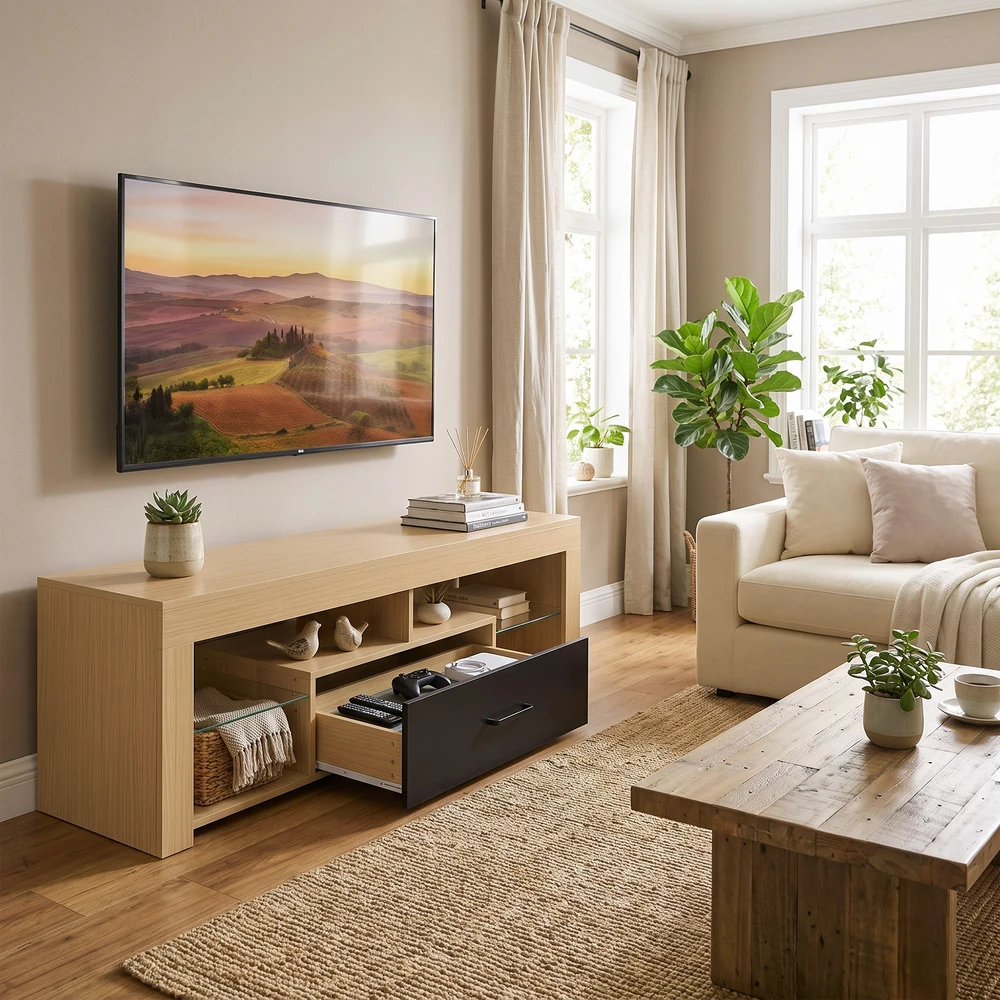 TV staliukas su reguliuojamomis stiklo lentynomis ir stalčiumi, ąžuolo spalvos ir juodas, 140 × 40 × 45 cm