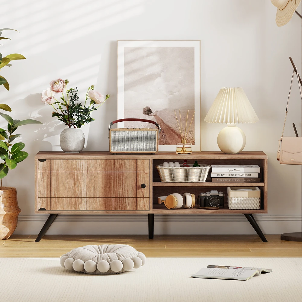 TV staliukas su spintele ir atviromis lentynomis, ąžuolo spalvos, 121,9 × 40,6 × 44,5 cm