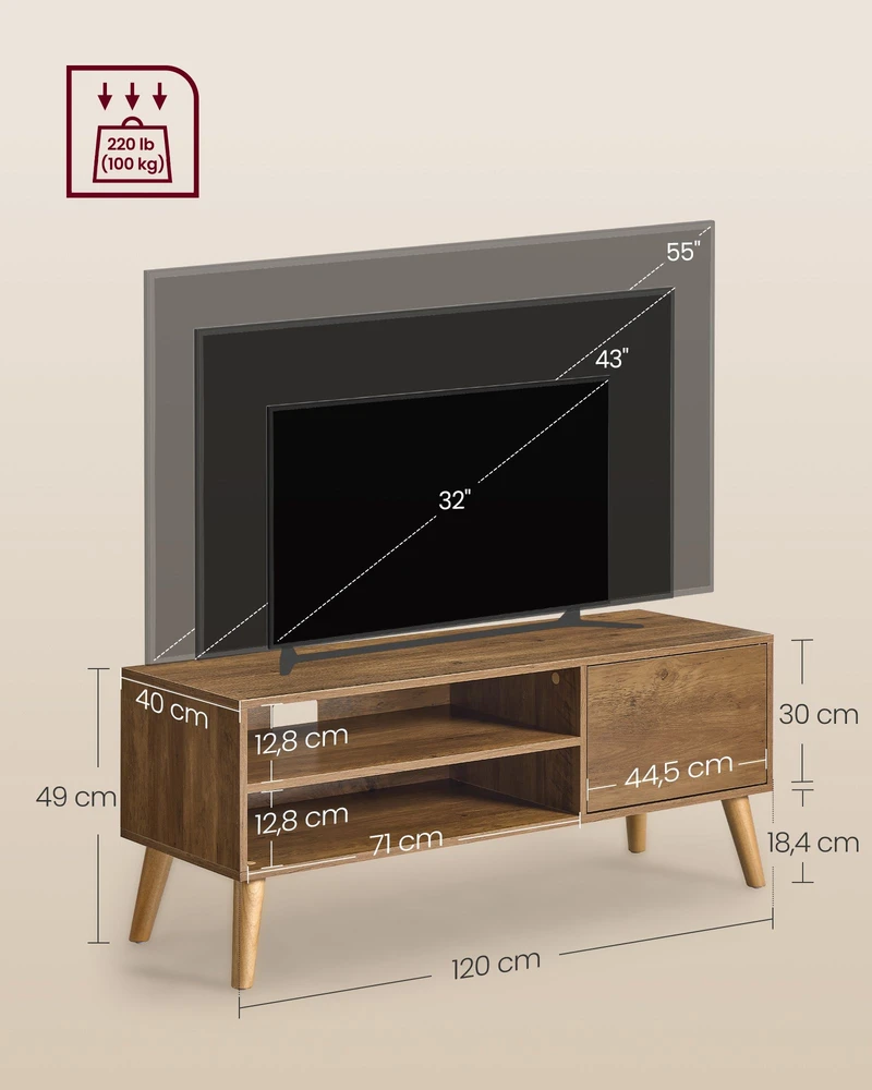 Songmics TV staliukas televizoriams iki 55 col., šiltai rudas, 120 × 40 × 49 cm