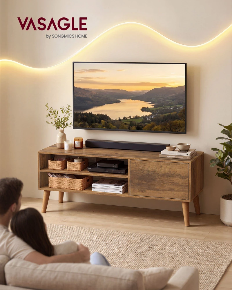 Songmics TV staliukas televizoriams iki 55 col., šiltai rudas, 120 × 40 × 49 cm