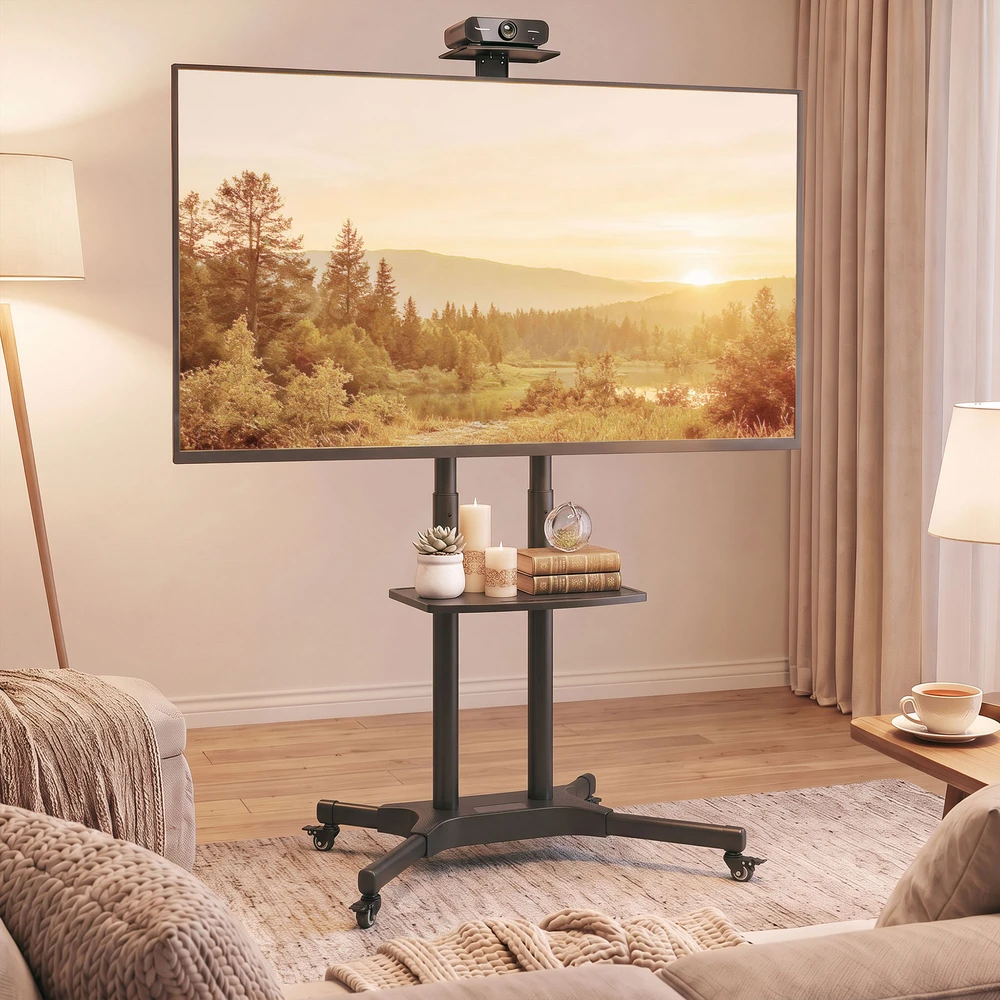 TV staliukas Televizoriaus stovas reguliuojamo aukščio, su 2 lentynomis, juodas, 85,3 × 64,8 × 129,5–189 cm