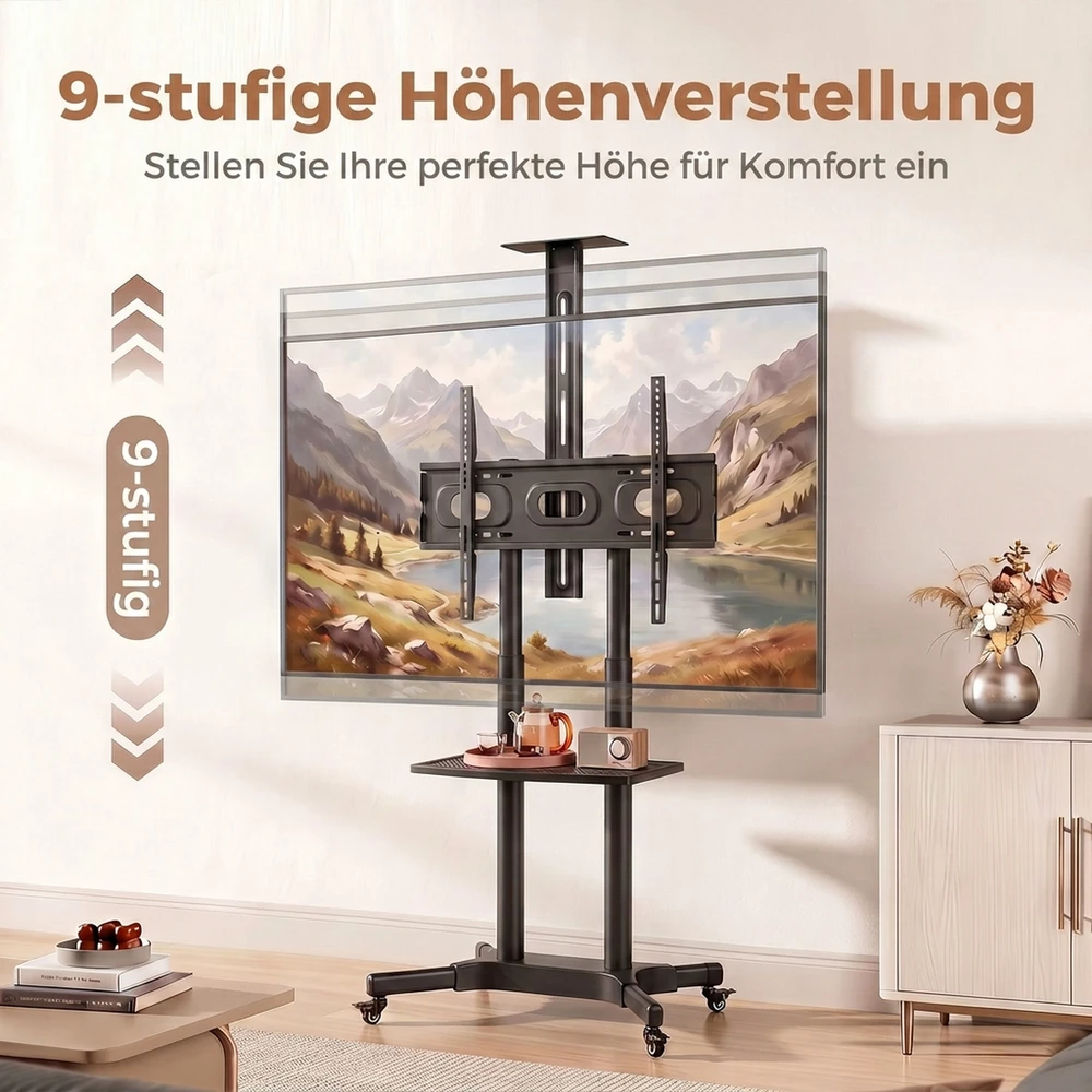 TV staliukas Televizoriaus stovas reguliuojamo aukščio, su 2 lentynomis, juodas, 85,3 × 64,8 × 129,5–189 cm