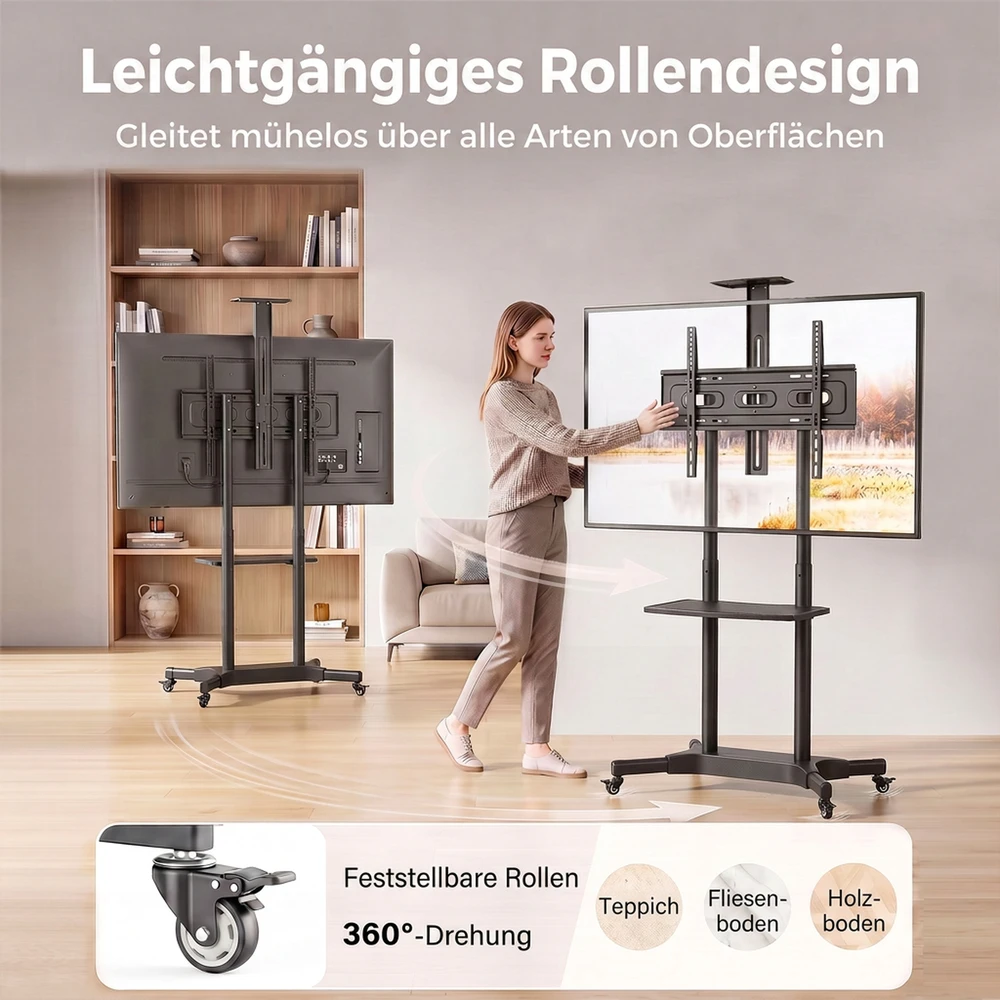 TV staliukas Televizoriaus stovas reguliuojamo aukščio, su 2 lentynomis, juodas, 85,3 × 64,8 × 129,5–189 cm