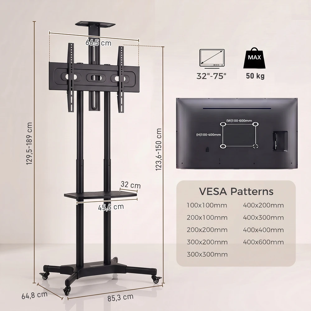 TV staliukas Televizoriaus stovas reguliuojamo aukščio, su 2 lentynomis, juodas, 85,3 × 64,8 × 129,5–189 cm