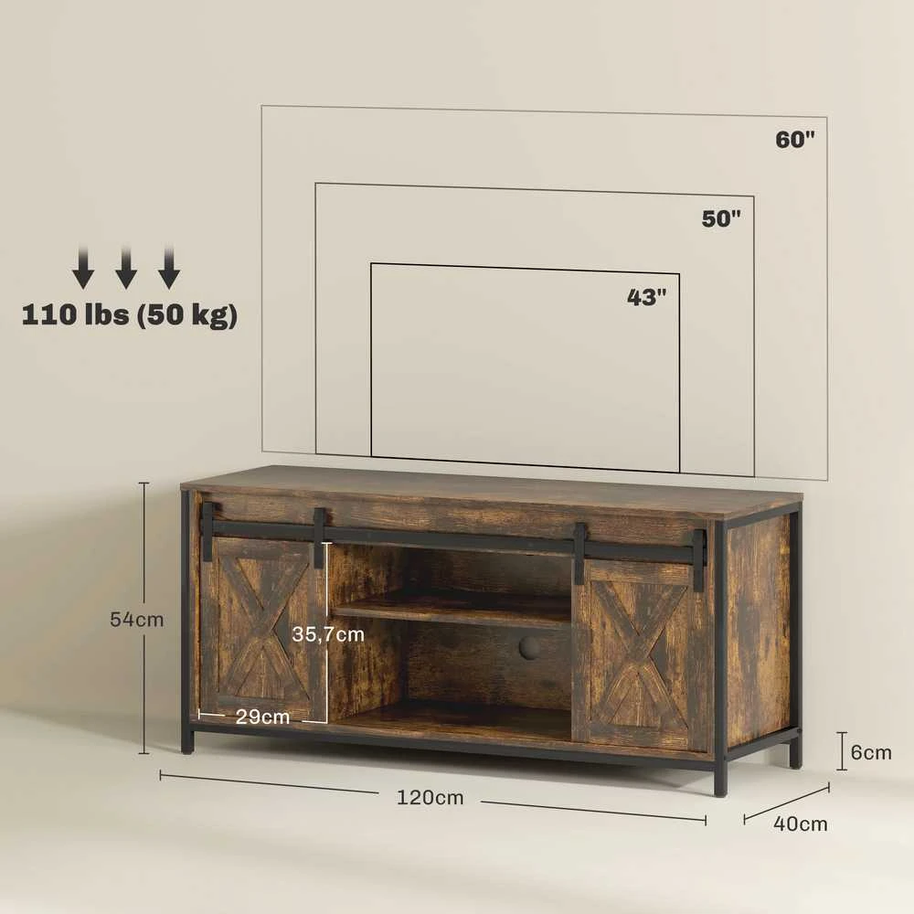 TV staliukas HOMCOM TV spintelė, televizoriaus staliukas iki 60 colių televizoriams, televizoriaus stovas su 2 spintelėmis ir 2 lentynomis, televizoriaus spintelė svetainei, 120 x 40 x 54 cm, ruda