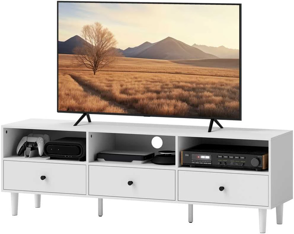 HOMCOM TV spintelė, TV staliukas su stalčiais, 3 atviros lentynos, 140 cm ilgio, TV žemo profilio spintelė su kabelių valdymu televizoriams iki 75 colių, svetainės televizoriaus staliukas, balta, 140x34x45 cm