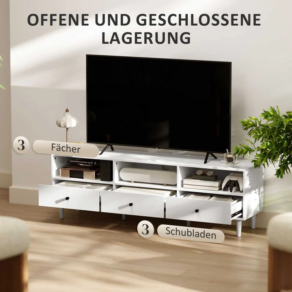 HOMCOM TV spintelė, TV staliukas su stalčiais, 3 atviros lentynos, 140 cm ilgio, TV žemo profilio spintelė su kabelių valdymu televizoriams iki 75 colių, svetainės televizoriaus staliukas, balta, 140x34x45 cm